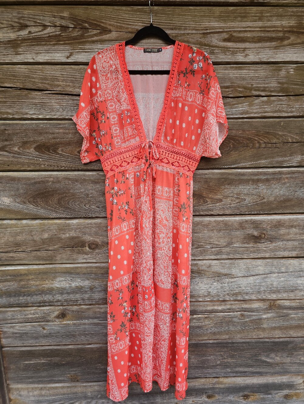 FANCYINN Coral Boho Paisley Floral Tie Front Kimono Duster Cover Up Size Medium